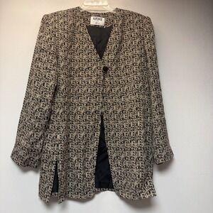 Kasper for ASL Blazer Womens 14 Black Tan Excellent Geometric Jacquard Vintage